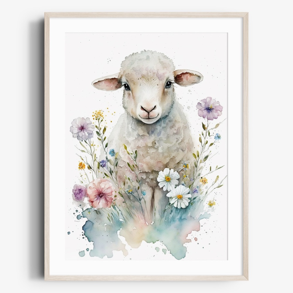 Watercolor Cute Floral Sheep Lamb Wall Art Illustration Print Poster Unframed